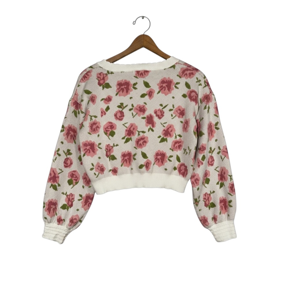 Willow & Wind Women's Pink Rose Floral Cropped Cardigan Sweater V-Neck Small - Picture 3 of 7